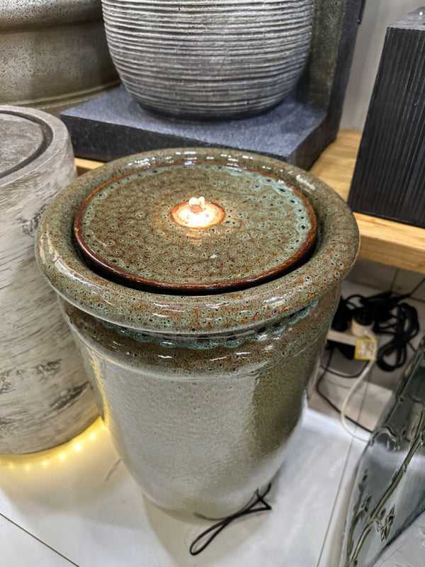 Aracena Glazed Ceramic Water Feature in Shades Green & Earthy Colours