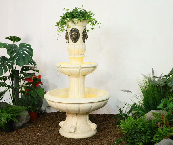 Maracaibo Tall European-Style Beige Lion Head Fountain with Planter