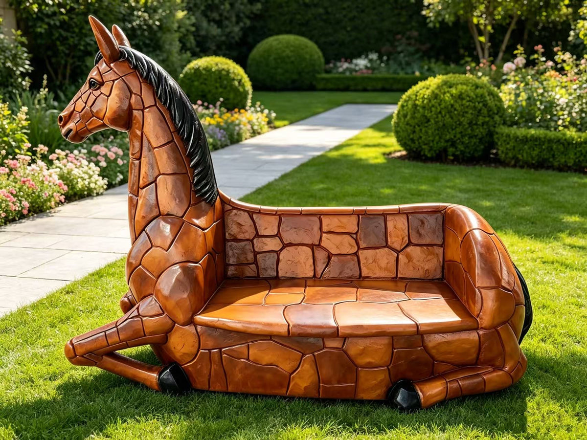 Carmello Horse-Shaped Garden Park Bench – Life-Size, Seats 2 | Indoor/Outdoor