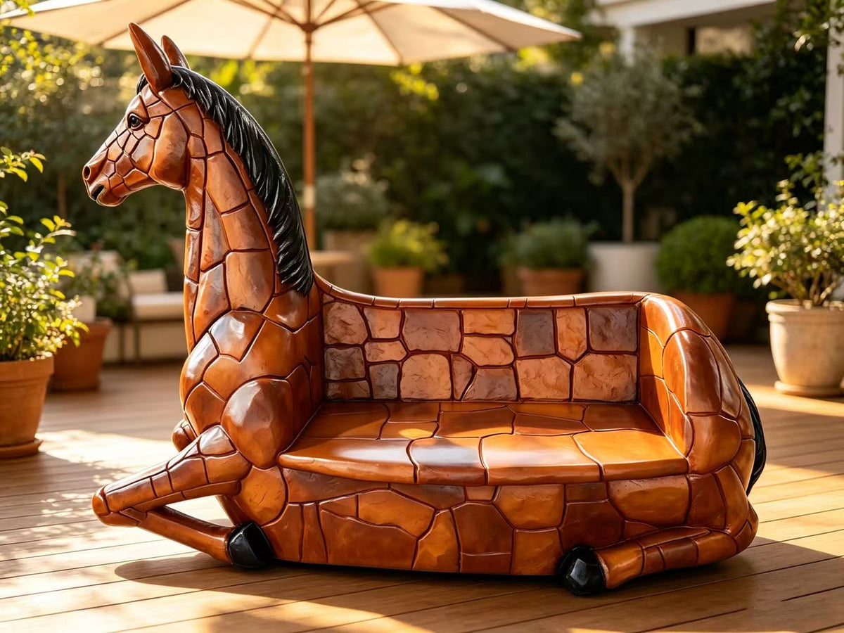 Carmello Horse-Shaped Garden Park Bench – Life-Size, Seats 2 | Indoor/Outdoor
