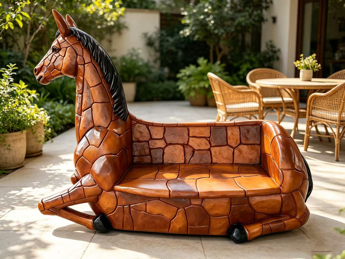 Carmello Horse-Shaped Garden Park Bench – Life-Size, Seats 2 | Indoor/Outdoor