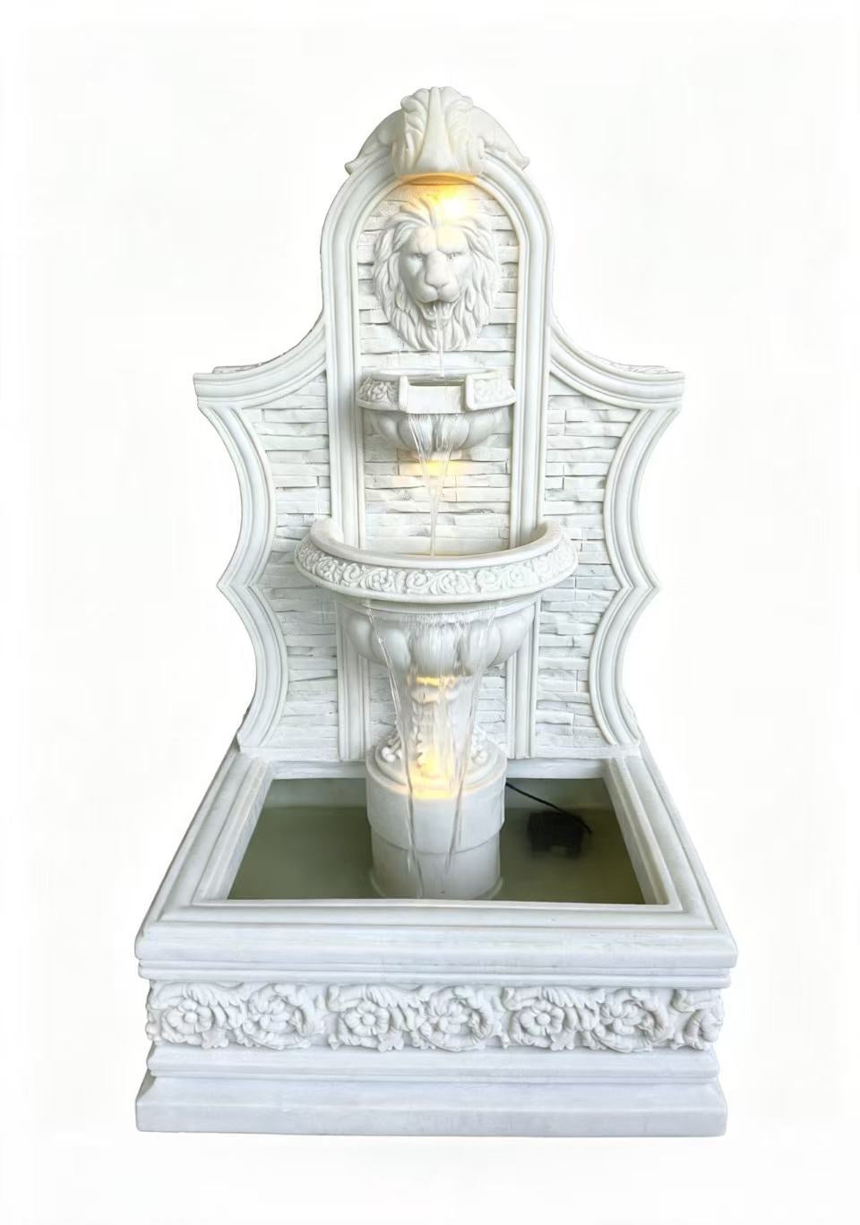 Bergamo Large Lion Face Fountain – White Sandstone, 2-Tier Cascade with LED Lights & Pond Base