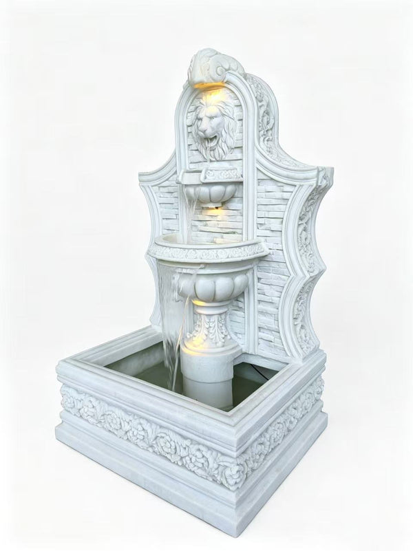 Bergamo Large Lion Face Fountain – White Sandstone, 2-Tier Cascade with LED Lights & Pond Base