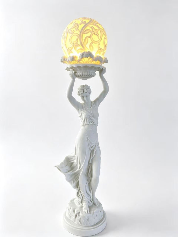 Gamra European Heritage Lady Statue – White Sandstone with Illuminated Ball, 234cm Tall