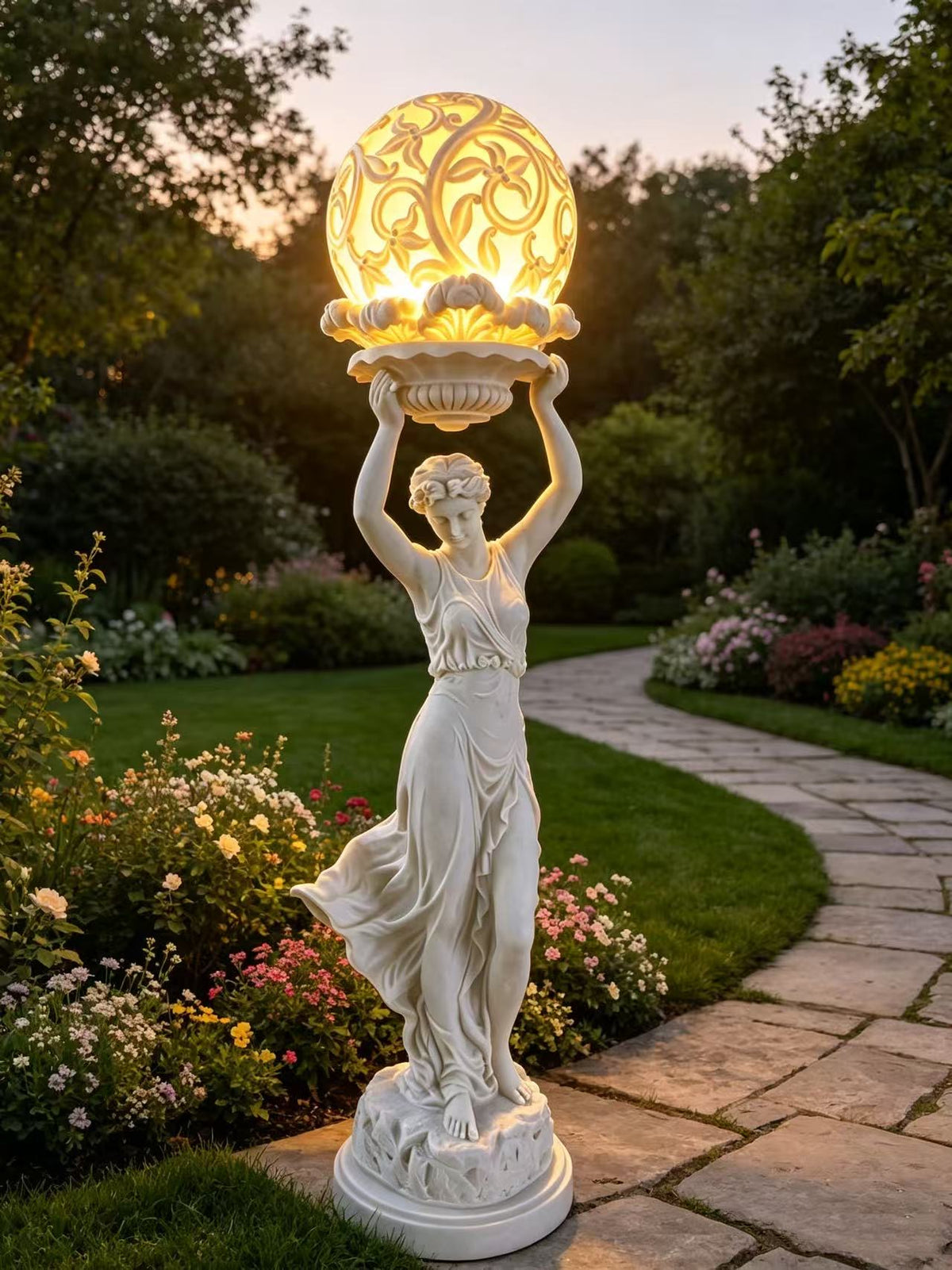Gamra European Heritage Lady Statue – White Sandstone with Illuminated Ball, 234cm Tall