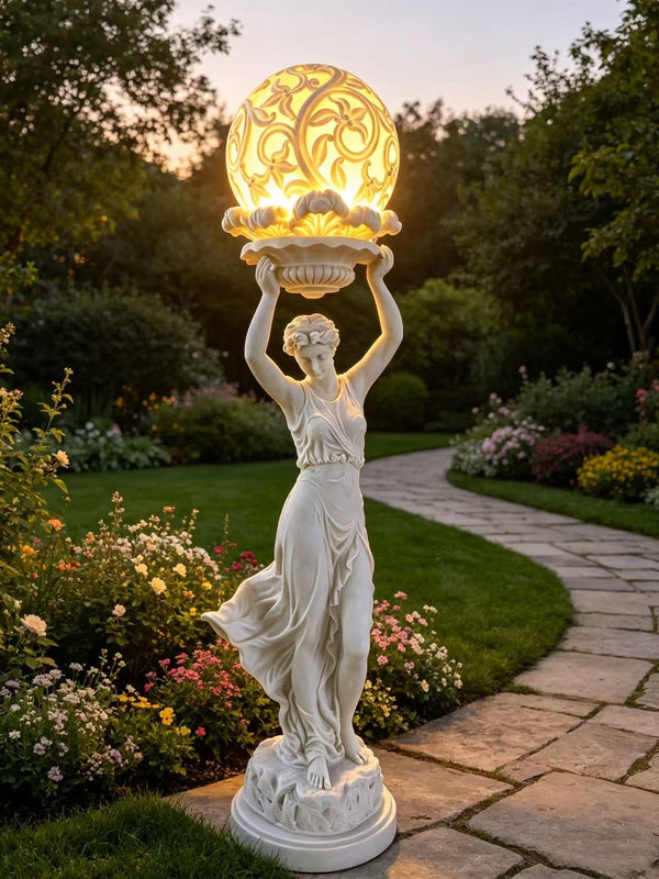 Gamra European Heritage Lady Statue – White Sandstone with Illuminated Ball, 234cm Tall