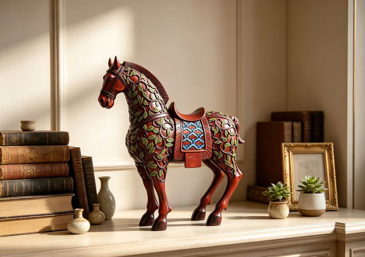 Majestico Horse Ornament – Deep Red-Brown with Green Leaf Patterns & Blue-Accented Saddle