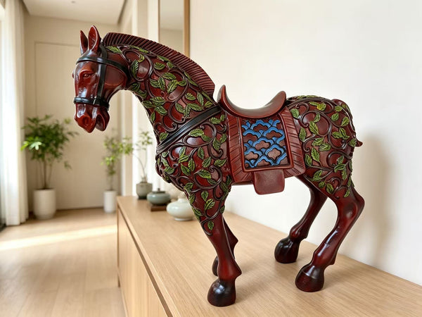 Majestico Horse Ornament – Deep Red-Brown with Green Leaf Patterns & Blue-Accented Saddle