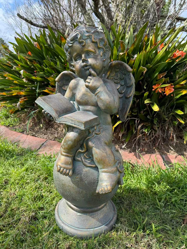 Sussurro Cherub Statue – Bronze, Gold & Blue MGO – Outdoor Garden Feature
