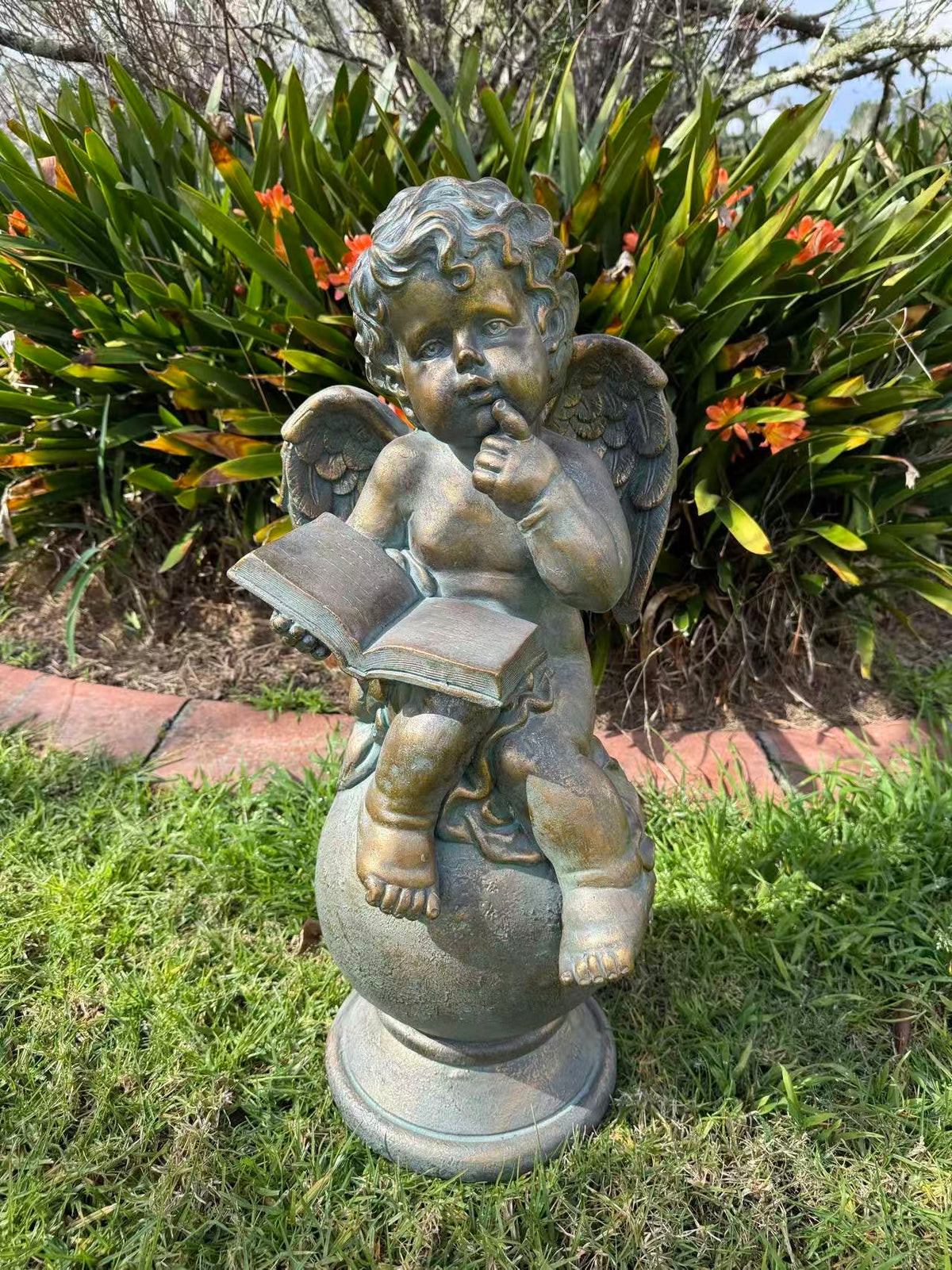 Sussurro Cherub Statue – Bronze, Gold & Blue MGO – Outdoor Garden Feature