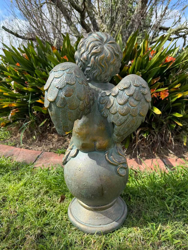 Sussurro Cherub Statue – Bronze, Gold & Blue MGO – Outdoor Garden Feature