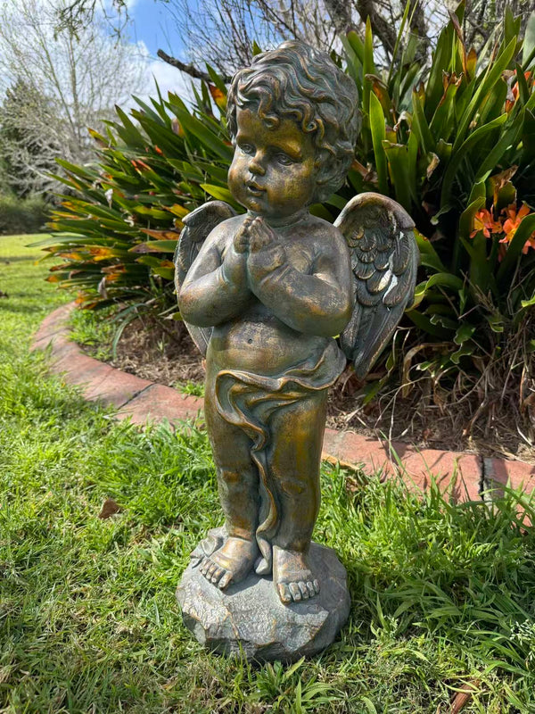 Serenata Cherub Statue – Bronze, Gold & Blue MGO – Outdoor Garden Feature