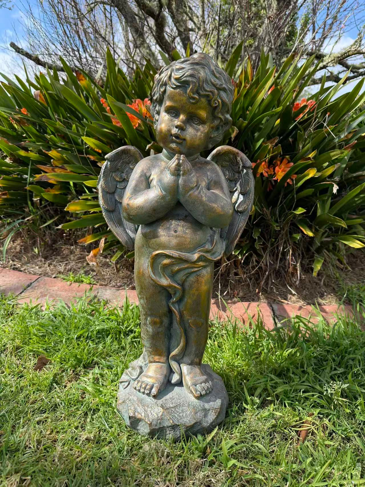 Serenata Cherub Statue – Bronze, Gold & Blue MGO – Outdoor Garden Feature
