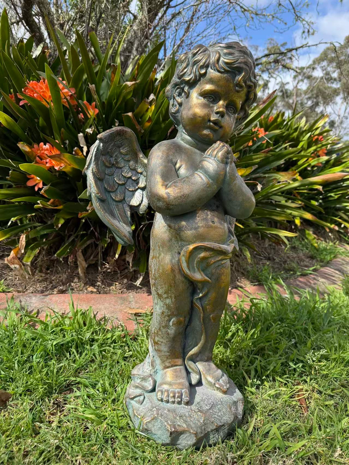 Serenata Cherub Statue – Bronze, Gold & Blue MGO – Outdoor Garden Feature