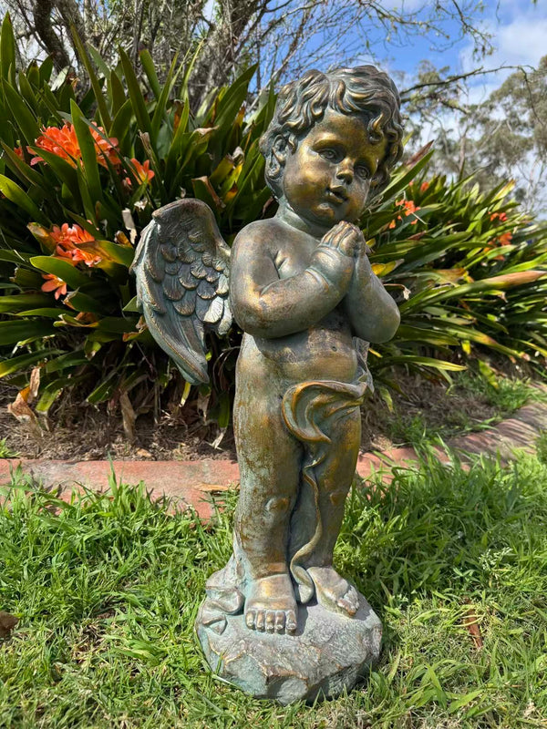 Serenata Cherub Statue – Bronze, Gold & Blue MGO – Outdoor Garden Feature