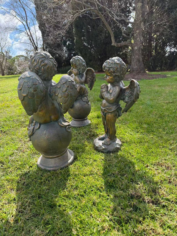 Serenata Cherub Statue – Bronze, Gold & Blue MGO – Outdoor Garden Feature