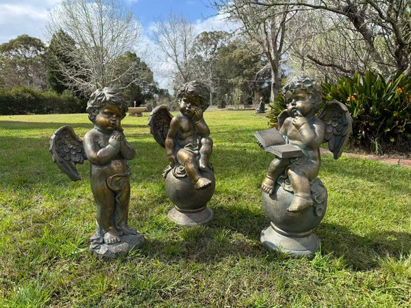 Ascolta Cherub Statue – Bronze, Gold & Blue MGO – Outdoor Garden Feature