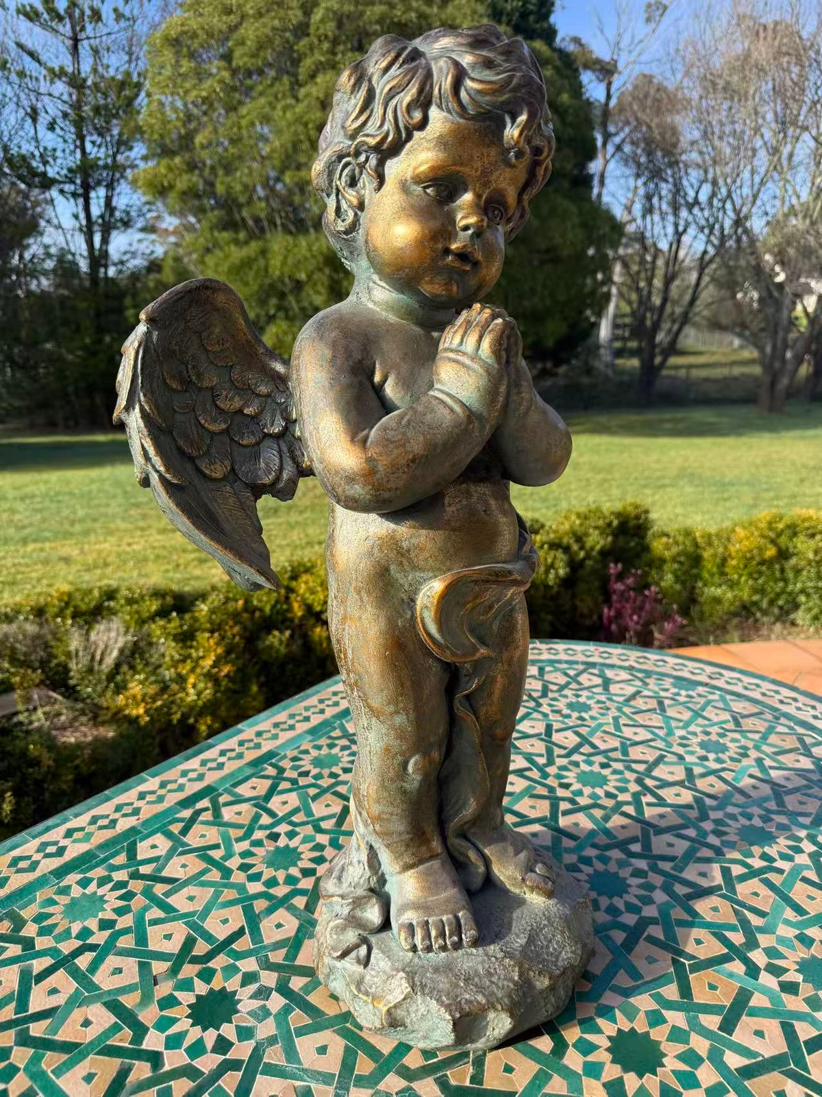 Serenata Cherub Statue – Bronze, Gold & Blue MGO – Outdoor Garden Feature