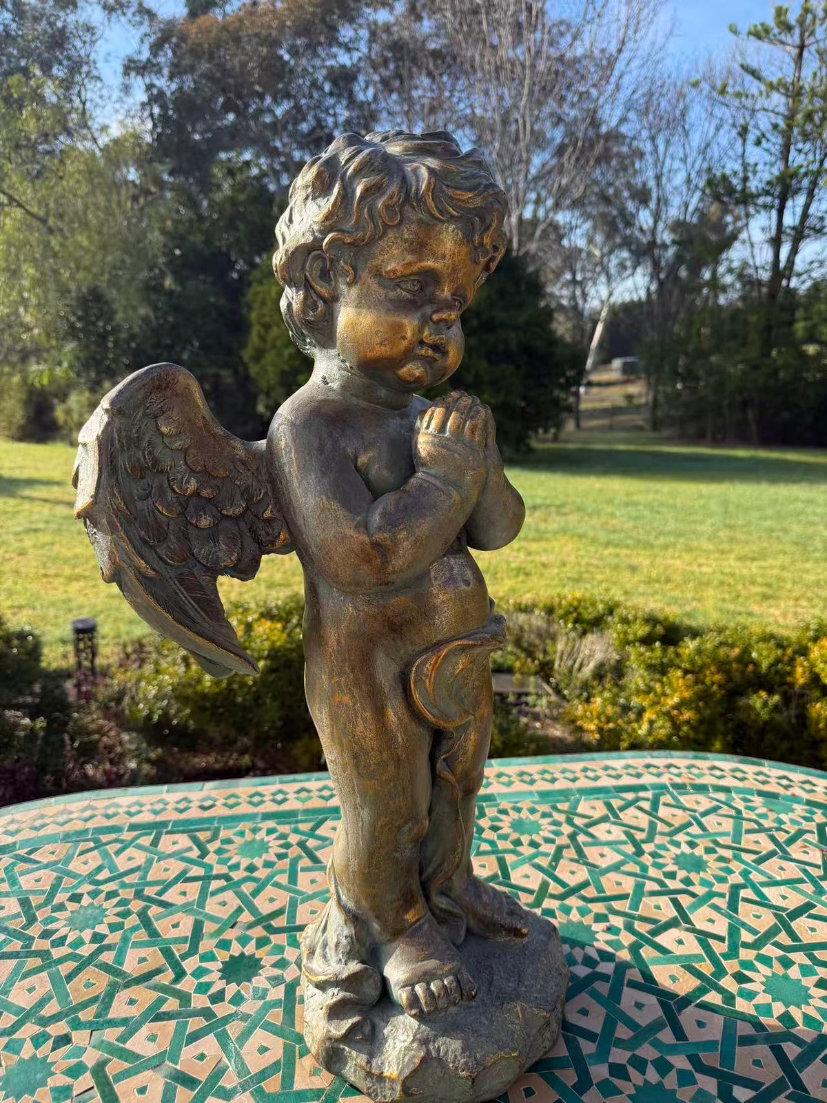Serenata Cherub Statue – Bronze, Gold & Blue MGO – Outdoor Garden Feature