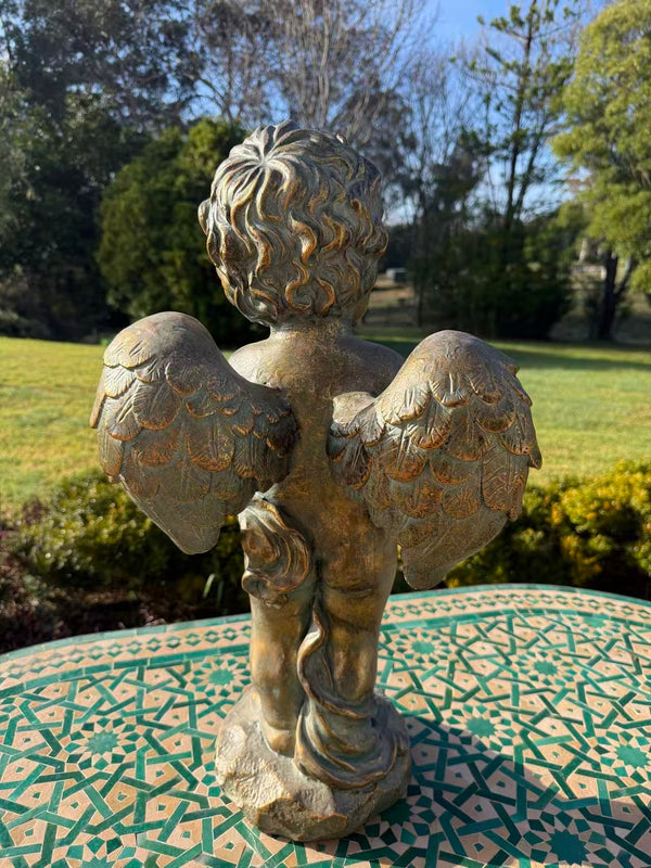 Serenata Cherub Statue – Bronze, Gold & Blue MGO – Outdoor Garden Feature