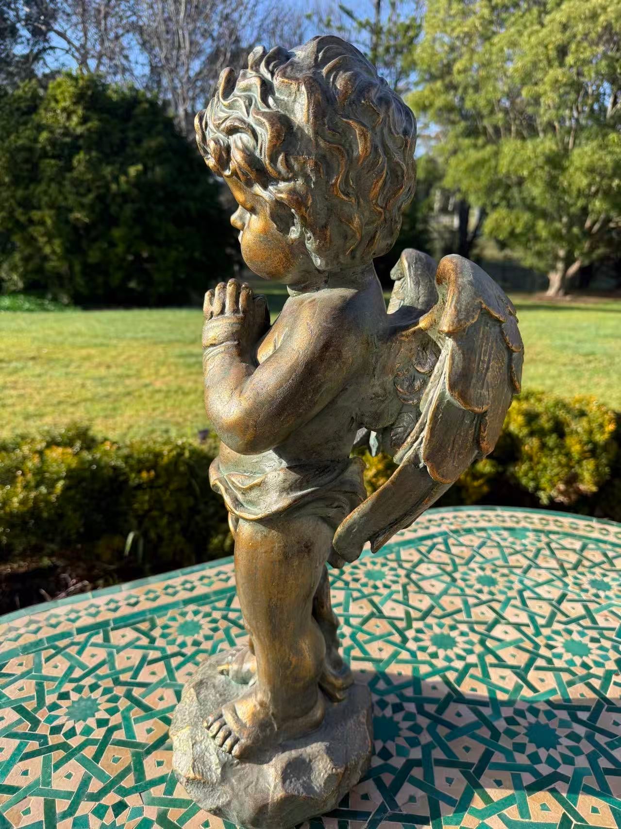 Serenata Cherub Statue – Bronze, Gold & Blue MGO – Outdoor Garden Feature