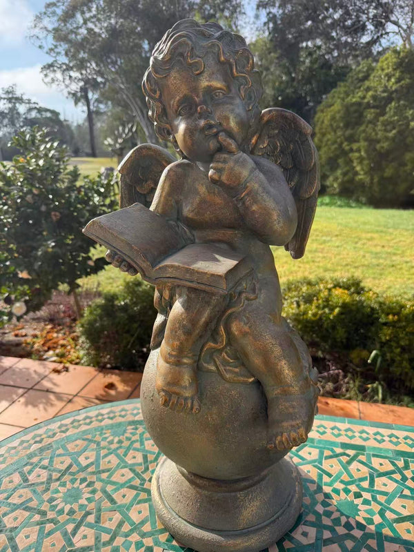 Sussurro Cherub Statue – Bronze, Gold & Blue MGO – Outdoor Garden Feature