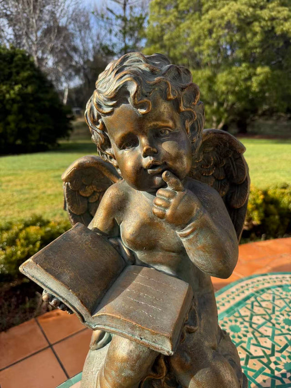 Sussurro Cherub Statue – Bronze, Gold & Blue MGO – Outdoor Garden Feature