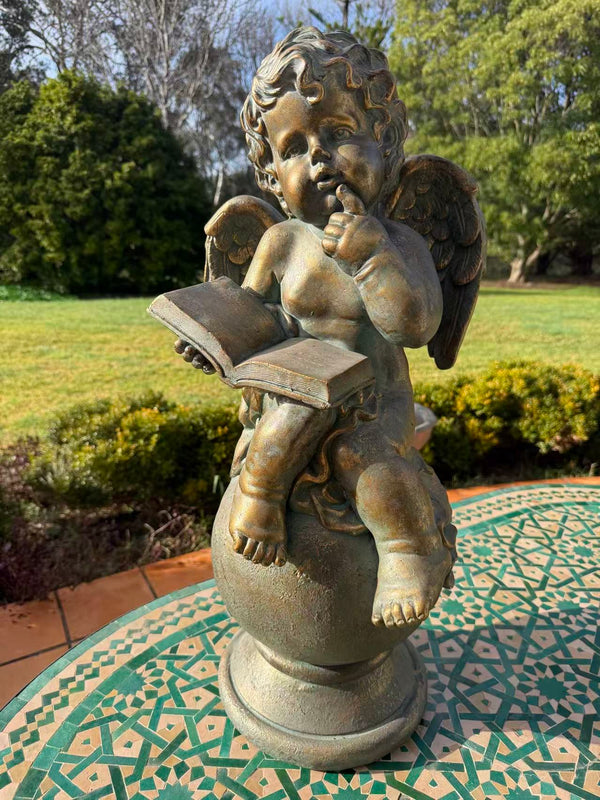 Sussurro Cherub Statue – Bronze, Gold & Blue MGO – Outdoor Garden Feature