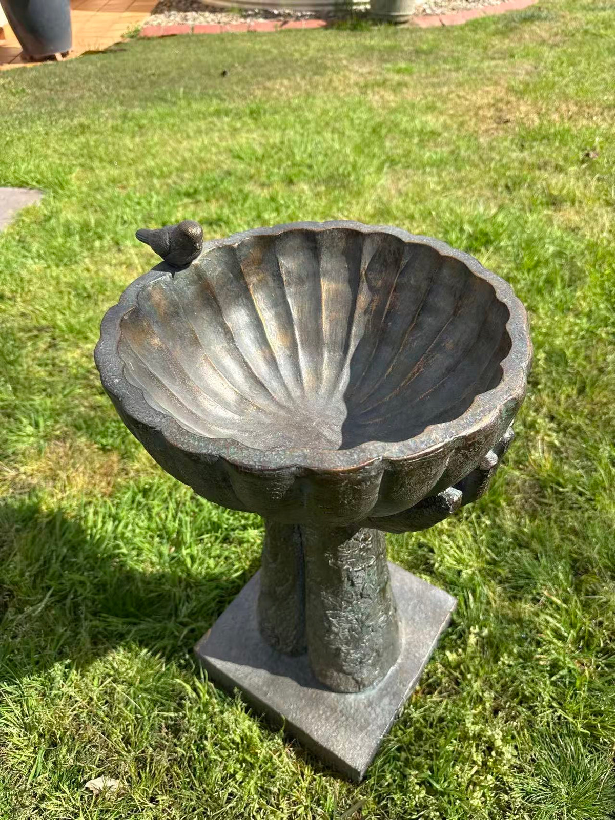 Fierta Birdbath – Hand-Held Scalloped Bowl, Aged Bronze-Verdigris MGO Finish