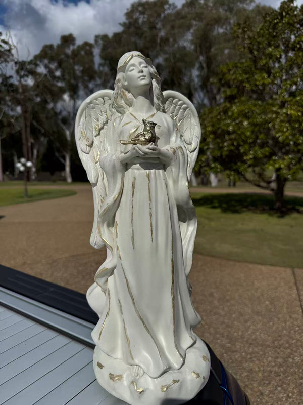Angelica Angel Statue – Gold Bird Accent, MGO – Garden & Home Decor, 46cm