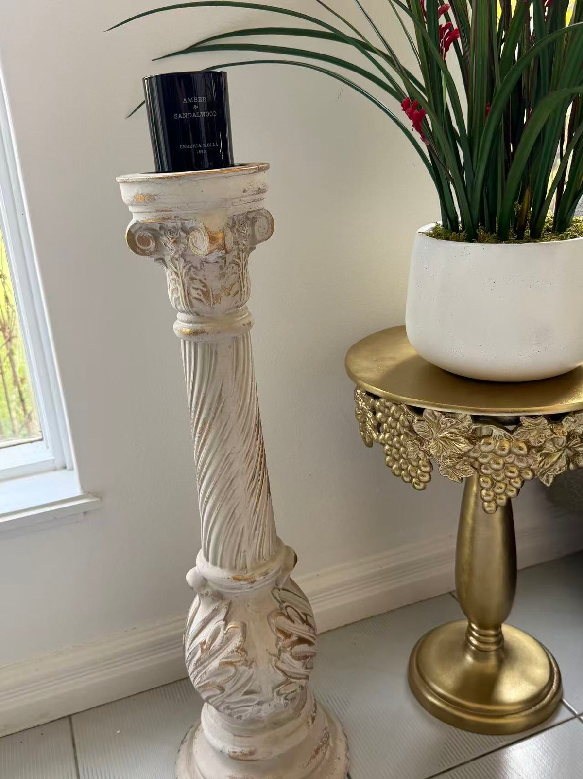 Fiamma Pillar Candle Holder – Antique White & Gold MGO Finish 72cm