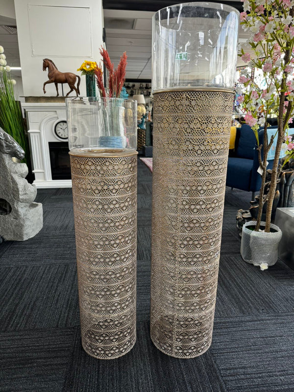 Gold Pillars Candle Metal Holders Set 2 Gold Colour