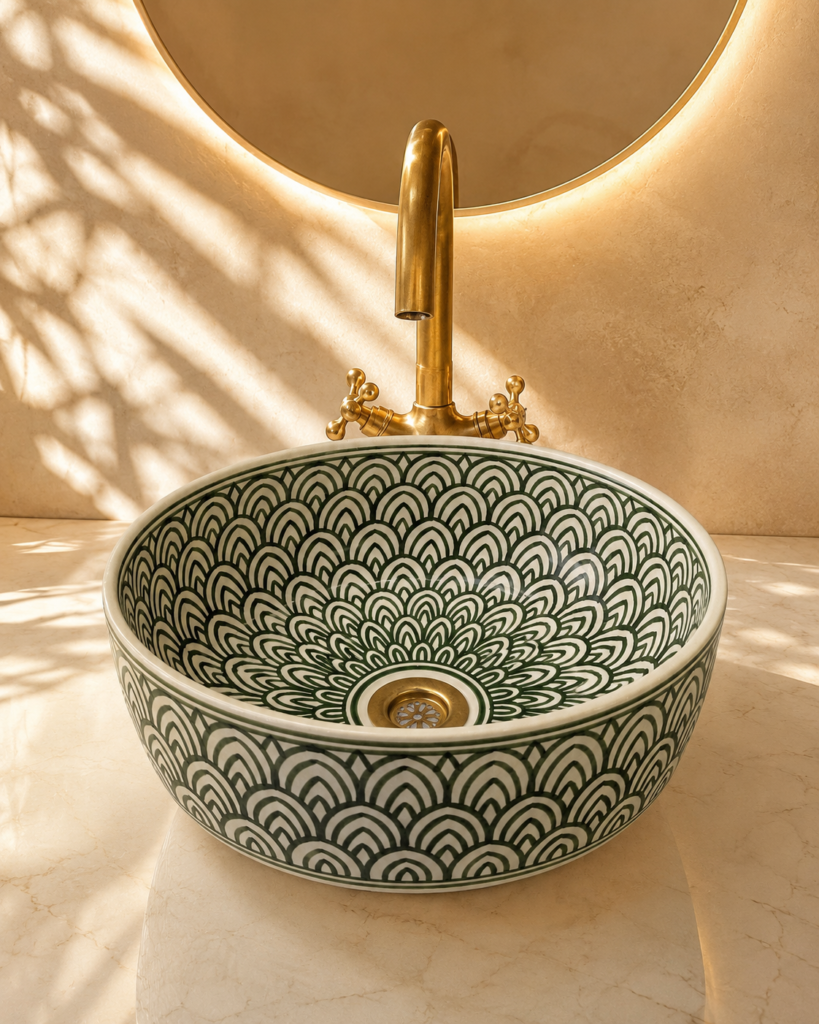 Fès Sapin Hand-Painted Ceramic Drum Basin