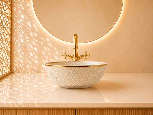 Fès Miel Hand-Painted Ceramic Basin with Gold Rim