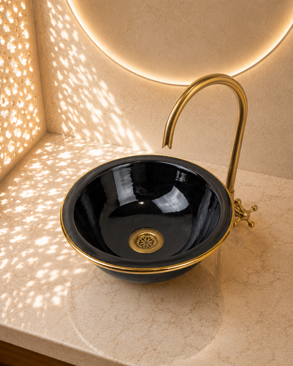 Fès Onyx Hand-Glazed Ceramic Basin with Gold Rim