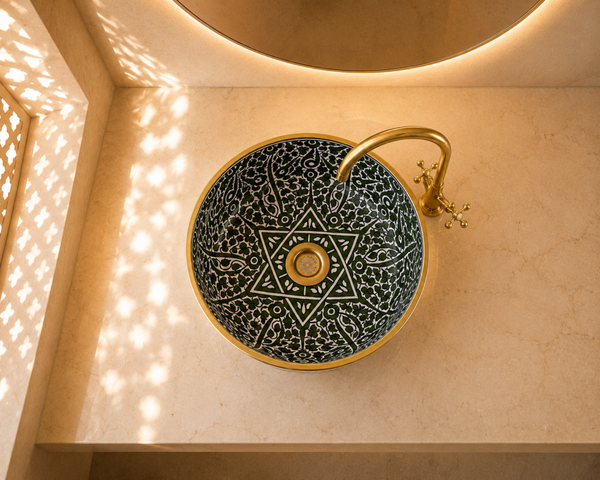 Fès Émeraude Hand-Painted Ceramic Drum Basin with Gold Rim