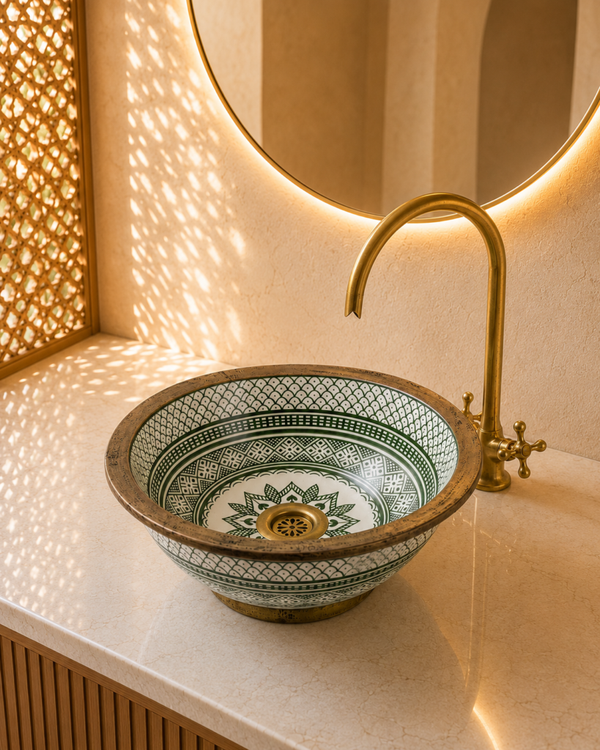 Fès Cèdre Hand-Painted Ceramic Basin with Antique Brass Rim