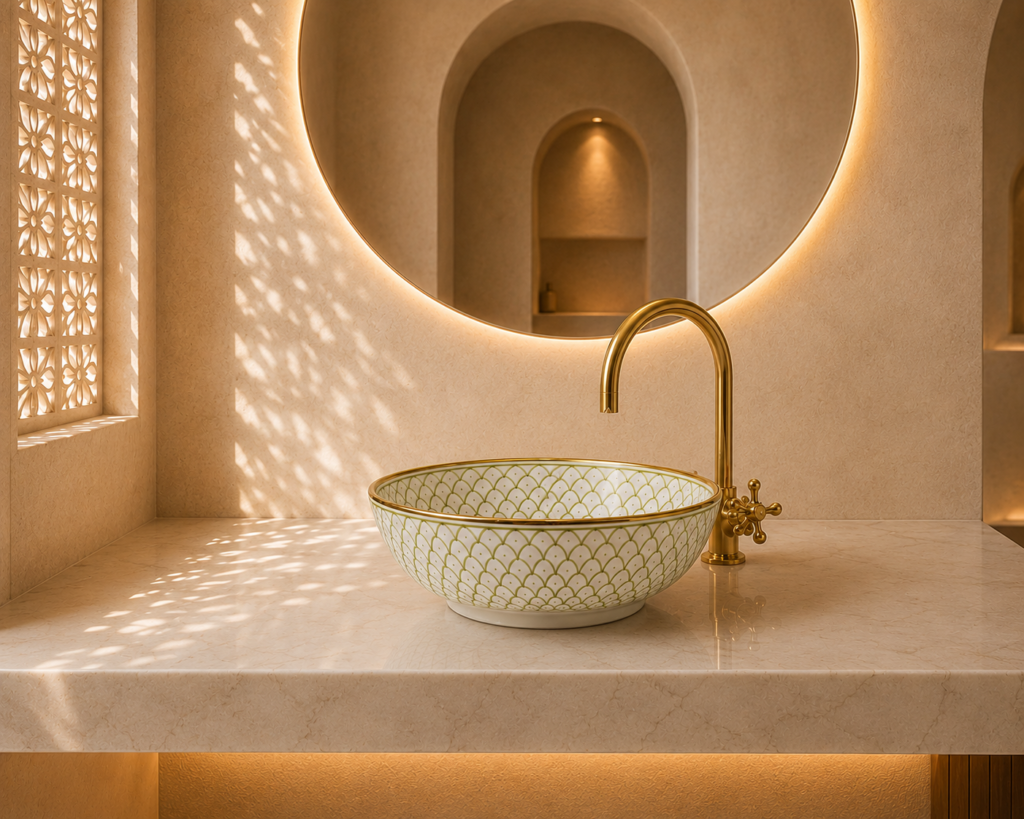 Fès Olive Hand-Painted Ceramic Basin with Gold Rim