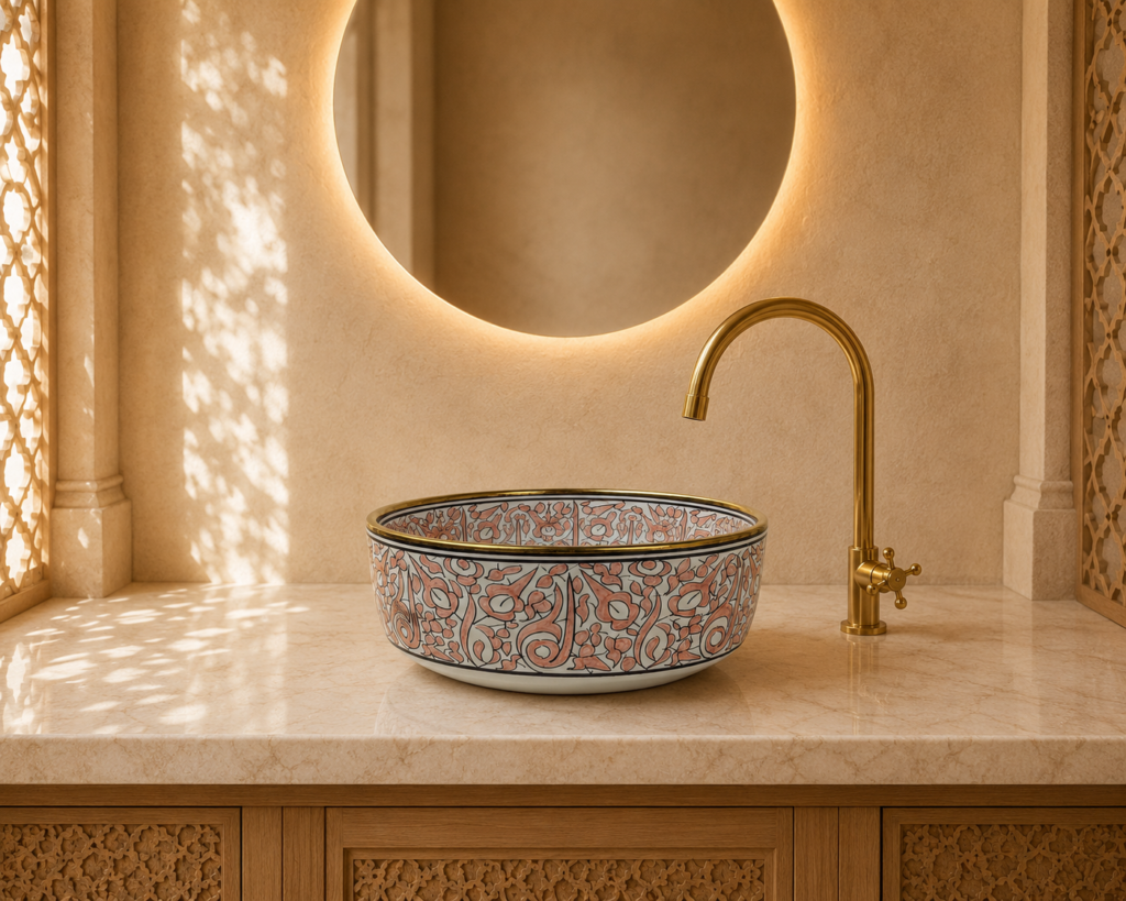 Fès Rosa Hand-Painted Ceramic Basin with Gold Rim