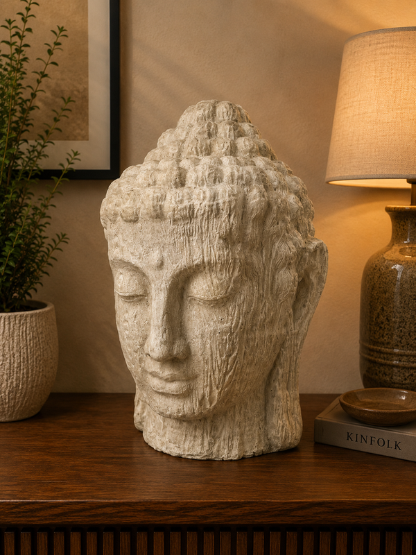 Zen Buddha Head Statue Sandstone Cement Fibre Wood Motif