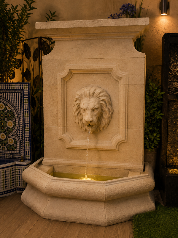 Cesare Large Lion Water Wall Sandstone Cement Fibre Tall Fountain