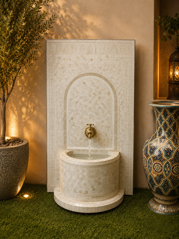 Custom Mosaic Fountain white for Outdoor and Indoor, Mid Century Fountain water inside, Moroccan Mosaic Fountain