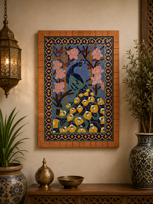 Moroccan mosaic peacock wall hanging with wooden frame, small mosaic pieces peacock , wall mosaic decor mosaic art , tiles clay wall art