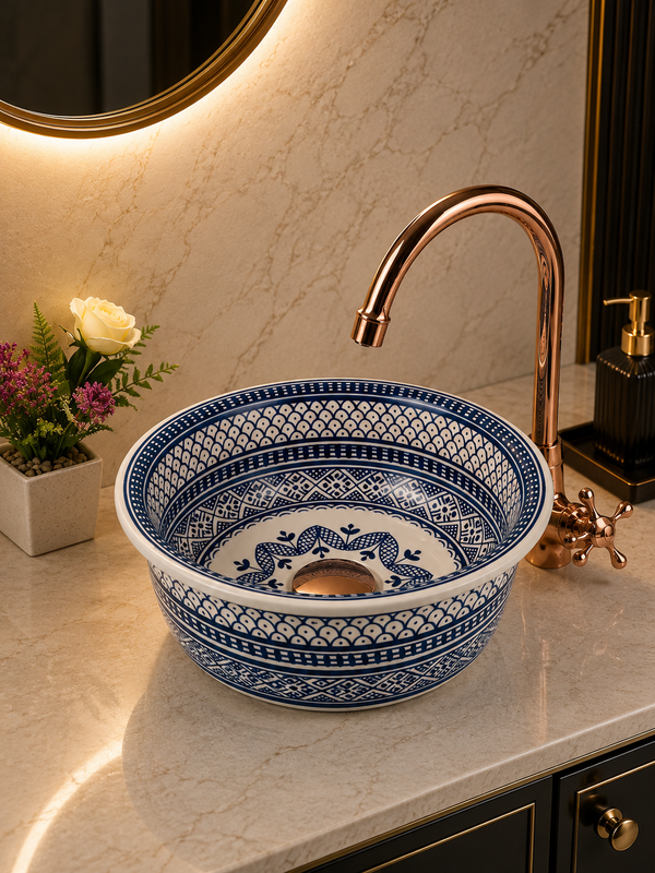 Bathroom vessel sink White and Blue 100% handmade hand painted - ceramic sink decor built with mid century modern Flair