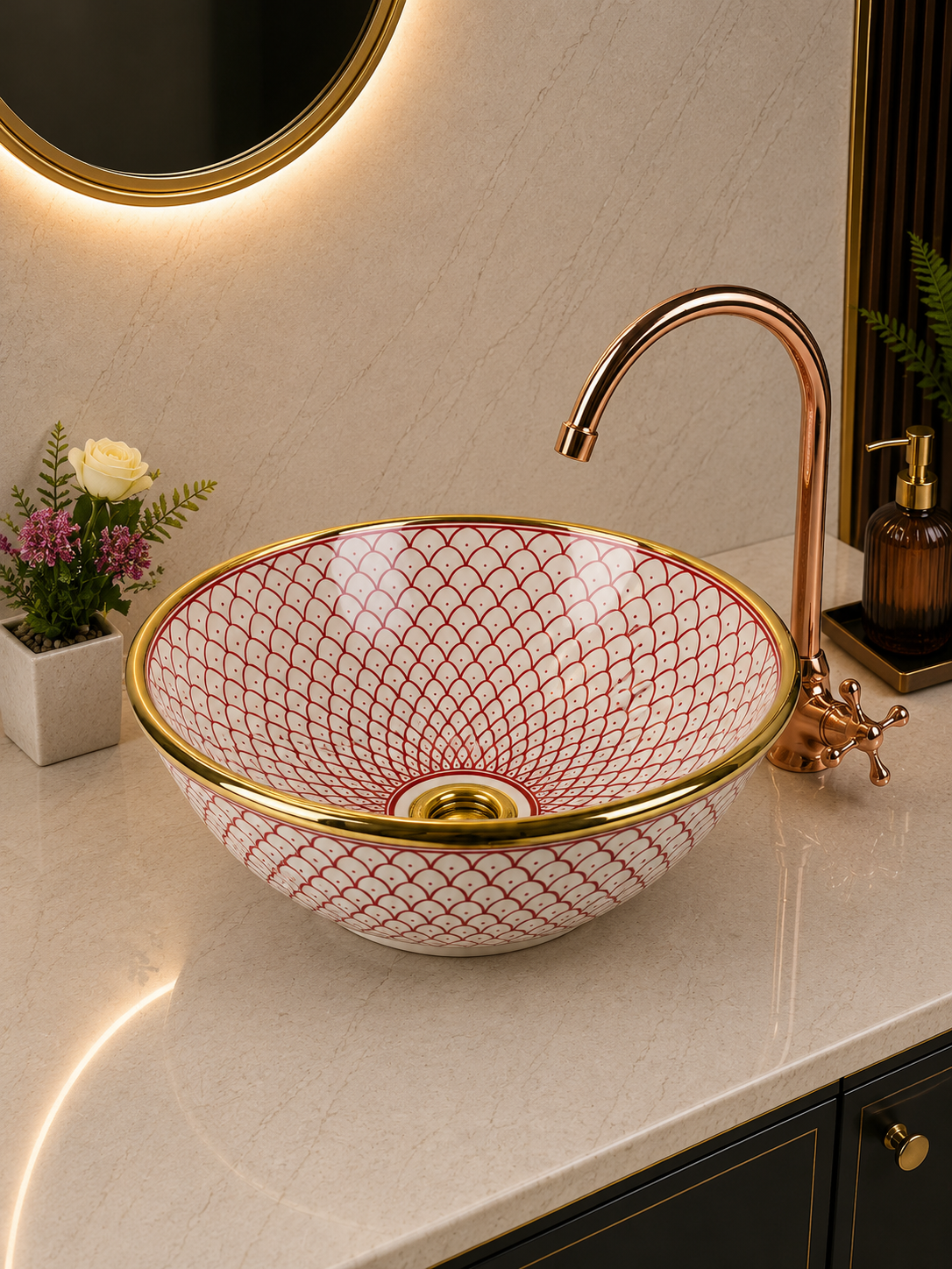 Pink 14 Karat Gold rimmed ceramic sink - handcrafted bathroom vessel - rose lavatory modern bowl washbasin