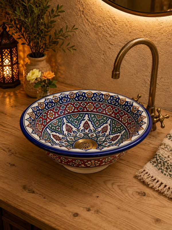Moroccan Bathroom vessel sink made from ceramic 100% handmade hand painted, Bathroom mid century modern styling