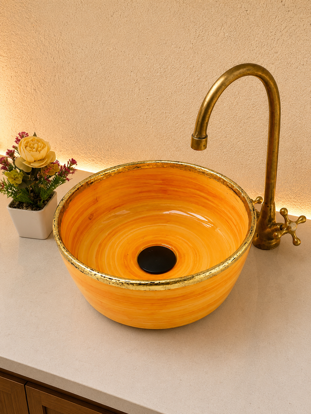 Orange bathroom sink - Brushed Solid Brass Rimmed Basin - Basin with Mid-Century Modern - blue ceramic sink Artisanal Farmhouse Basin