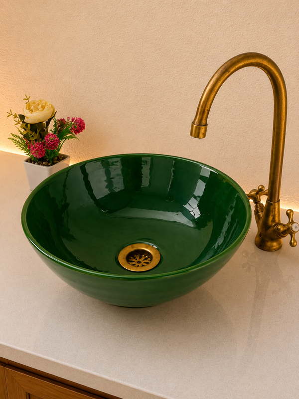 Bathroom vessel sink emerald green - ceramic 100% handmade - green Bathroom modern bowel basin - mid century Flair basin