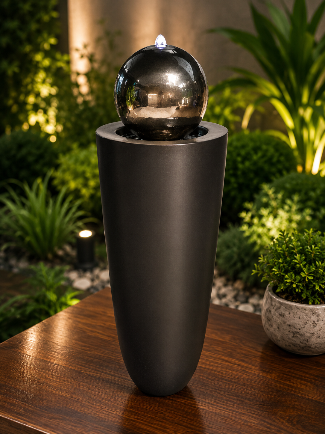 Entrada Tall Outdoor Fountain with Stainless Steel Ball Top & Lights