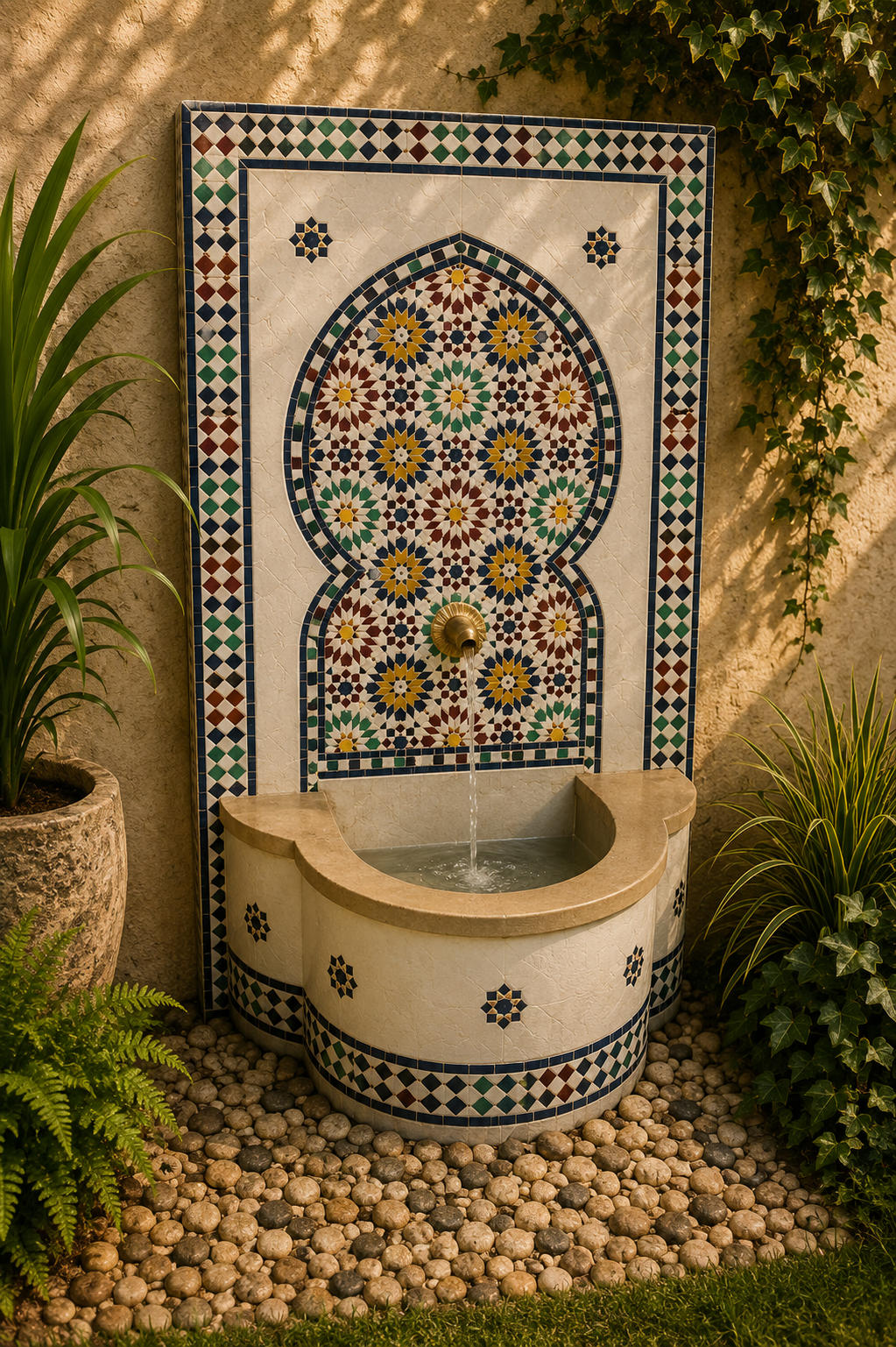 Large Moroccan Zellige Mosaic Tile Water Fountain